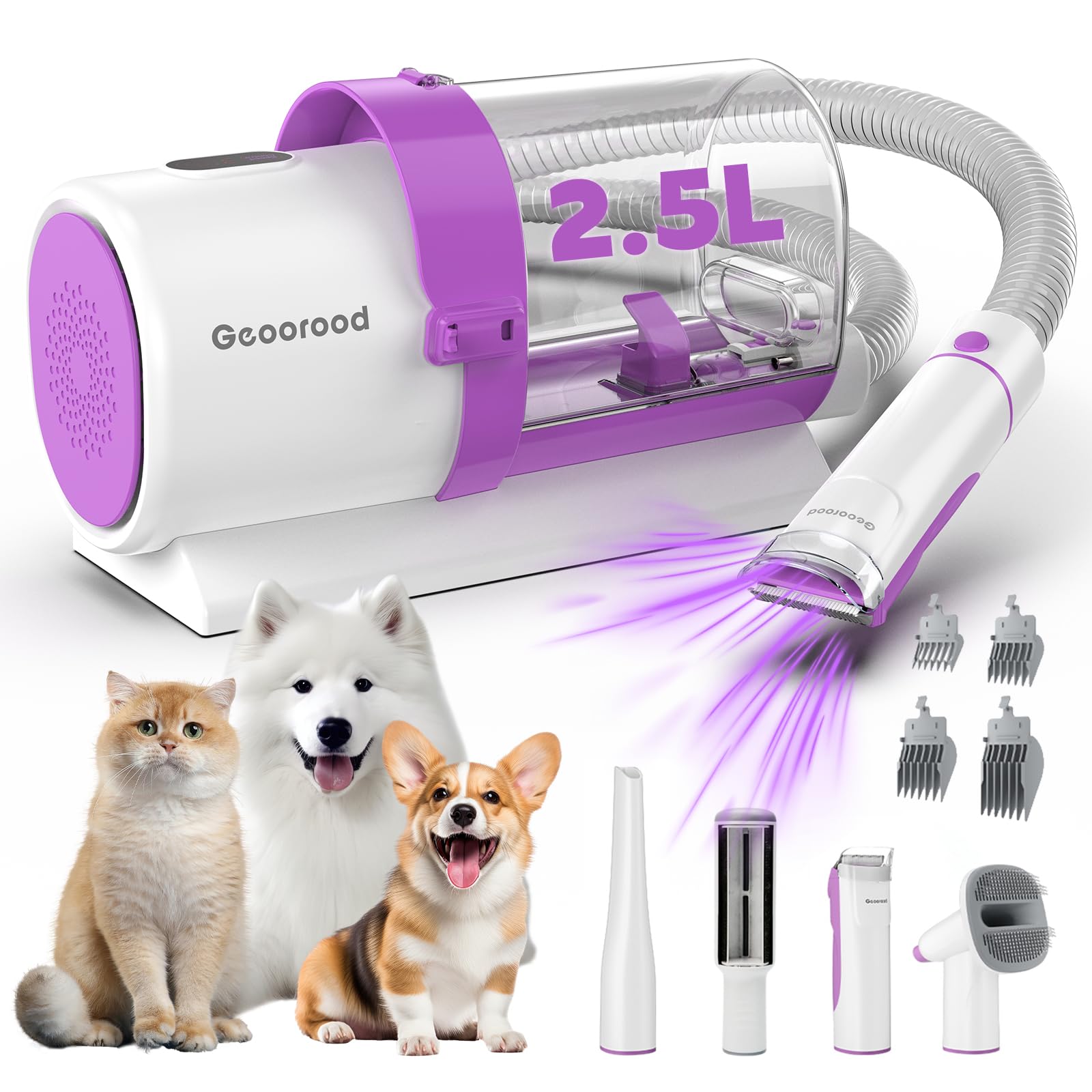 Geoorood dog grooming vacuum kit packaging shows all-in-one toolkit for convenient home grooming.