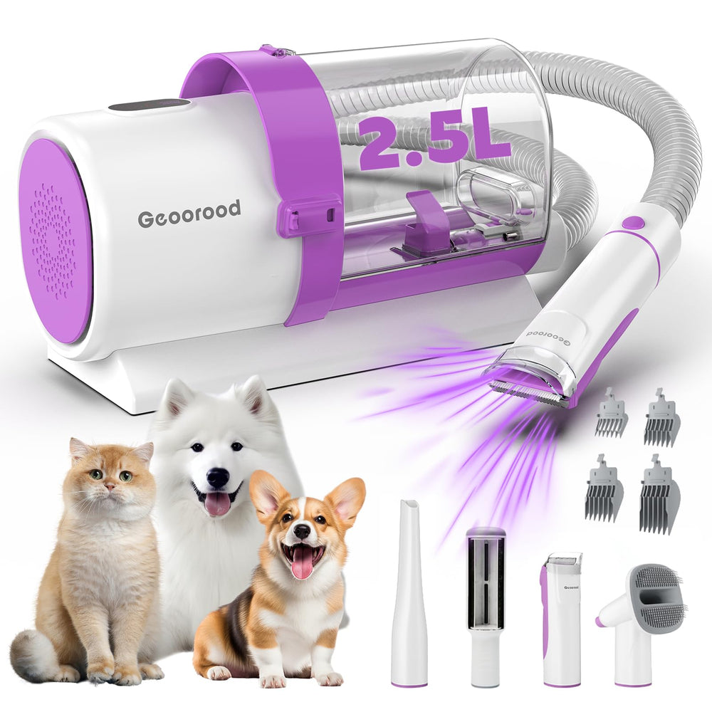 Geoorood dog grooming vacuum kit packaging shows all-in-one toolkit for convenient home grooming.