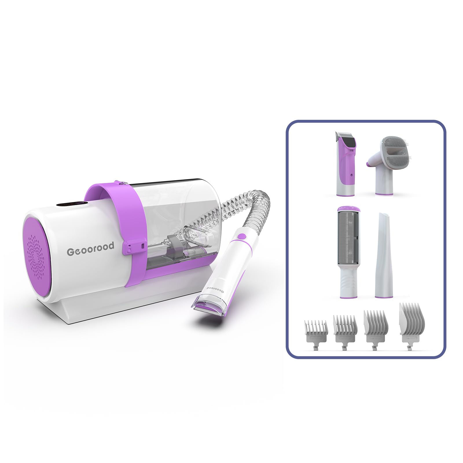Geoorood home grooming in-use image showing mess-free trimming with vacuum assist.