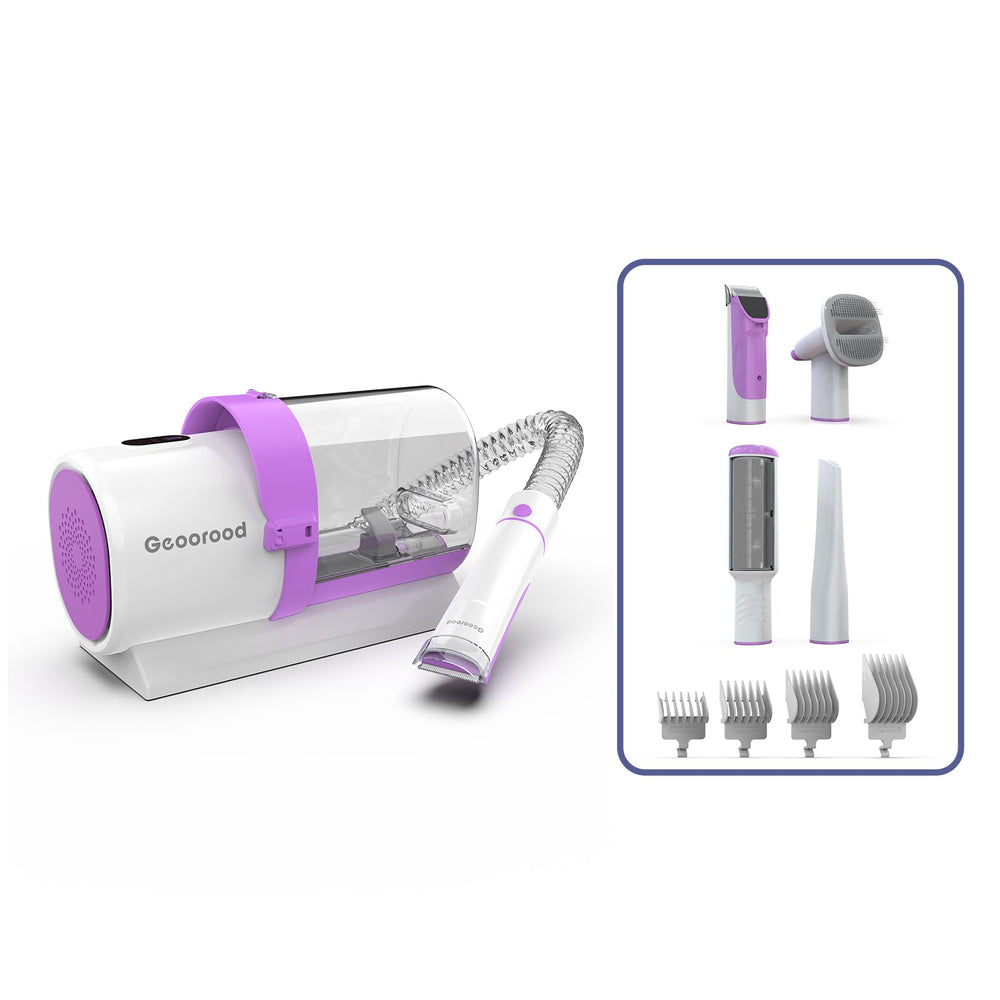 Geoorood home grooming in-use image showing mess-free trimming with vacuum assist.