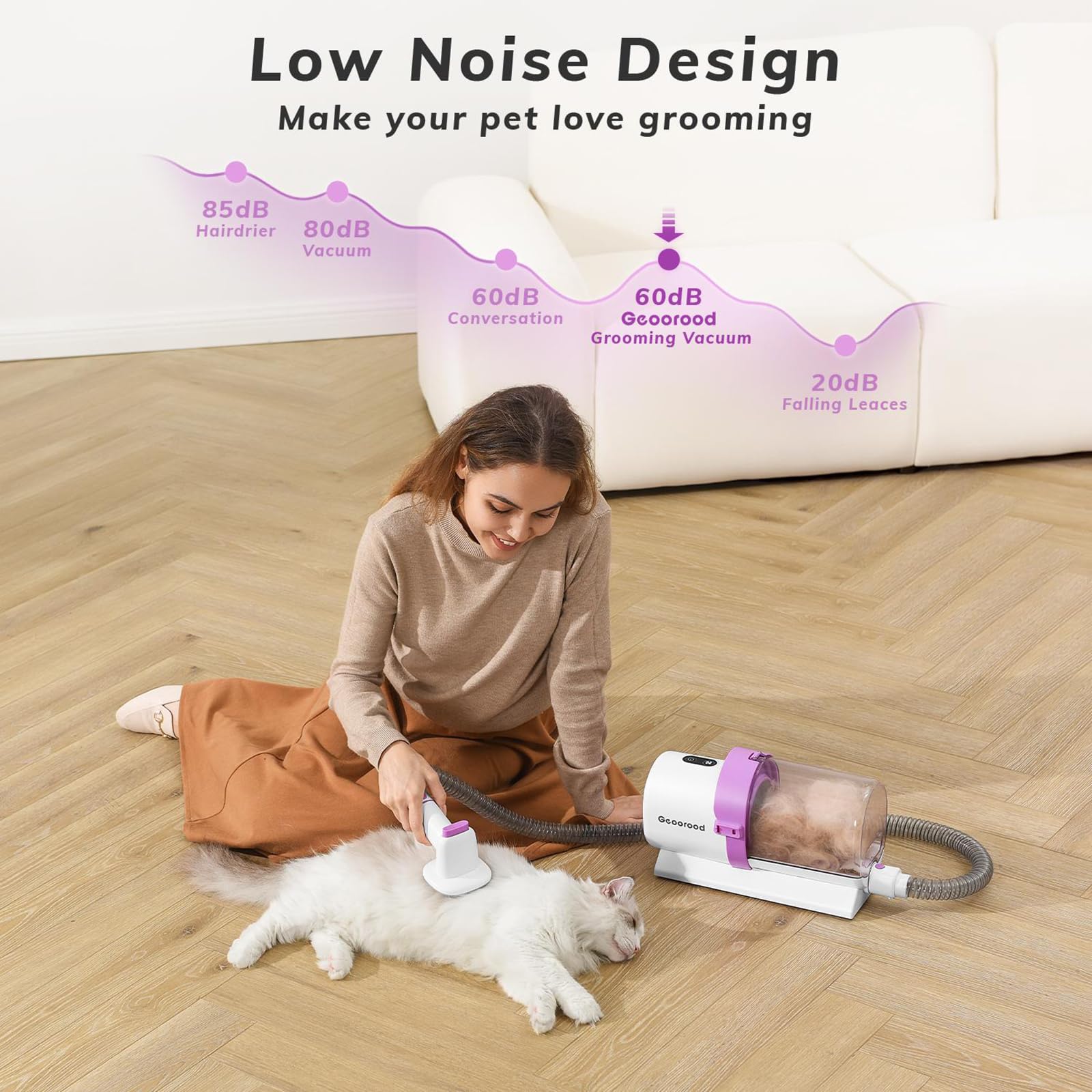 Geoorood low-noise design keeps pets calm during grooming sessions.