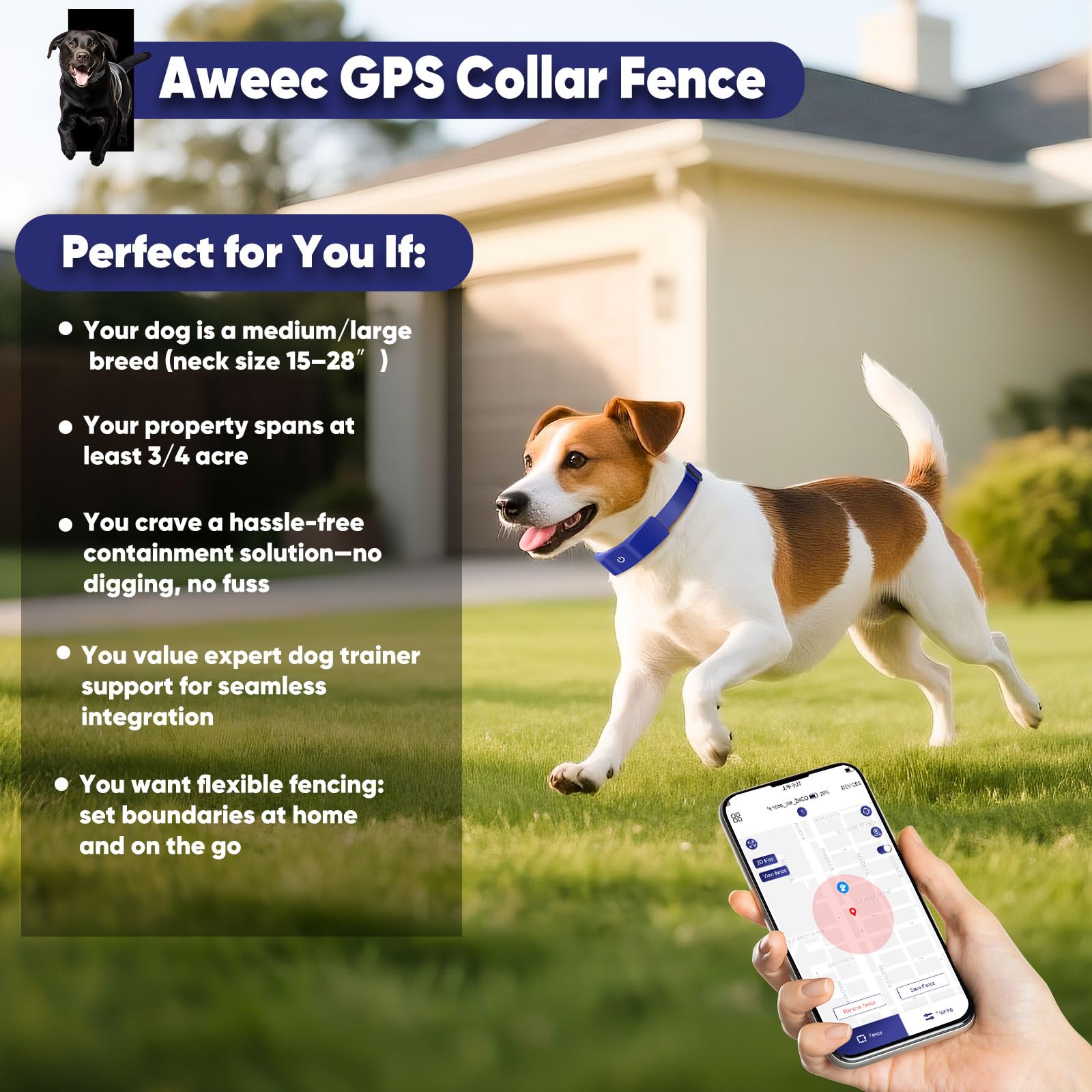 GeoPaws IP7 waterproof collar and long-lasting battery for outdoor use