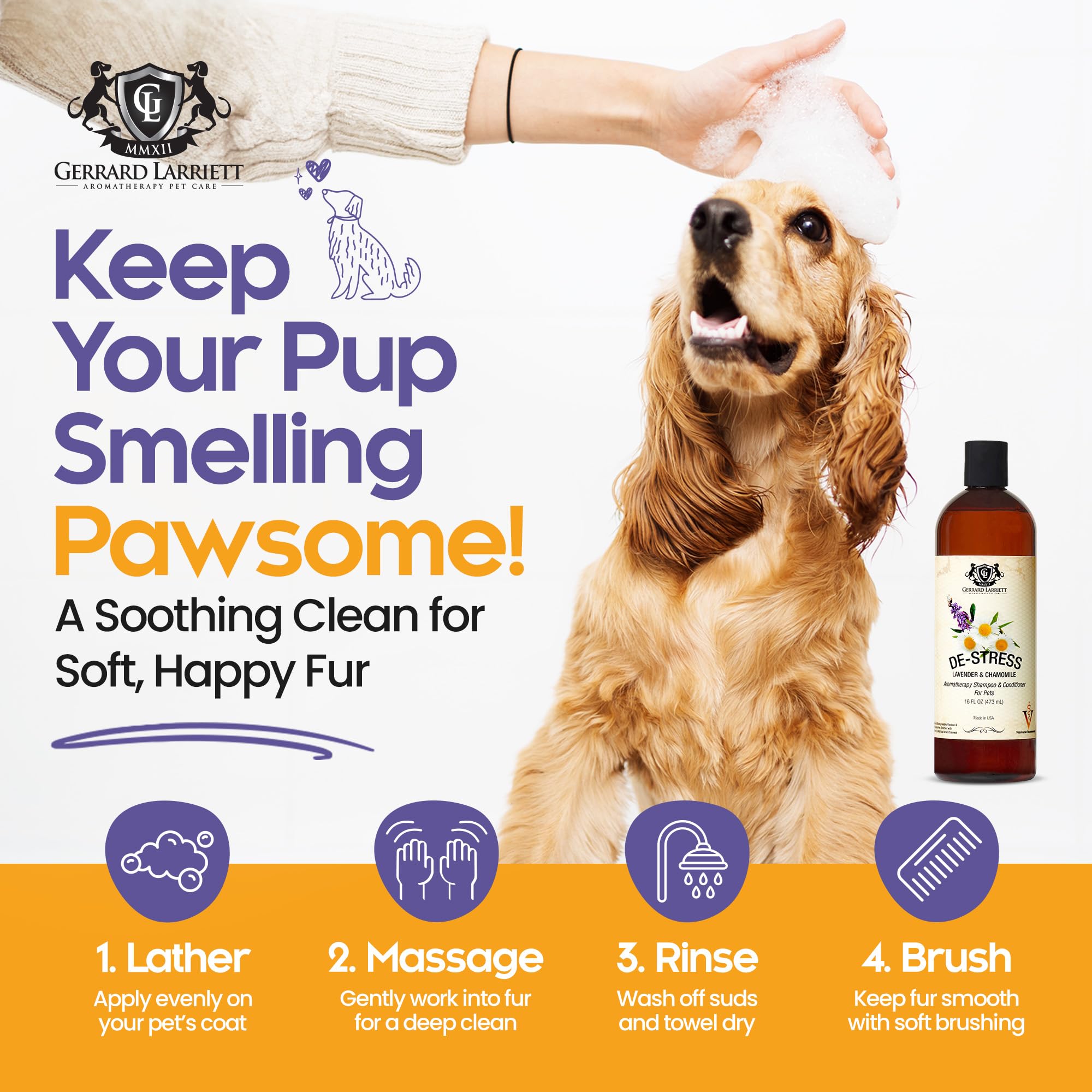 Gerrard Larriett deodorizing coat helps freshen dogs with lavender-scented cleansing.