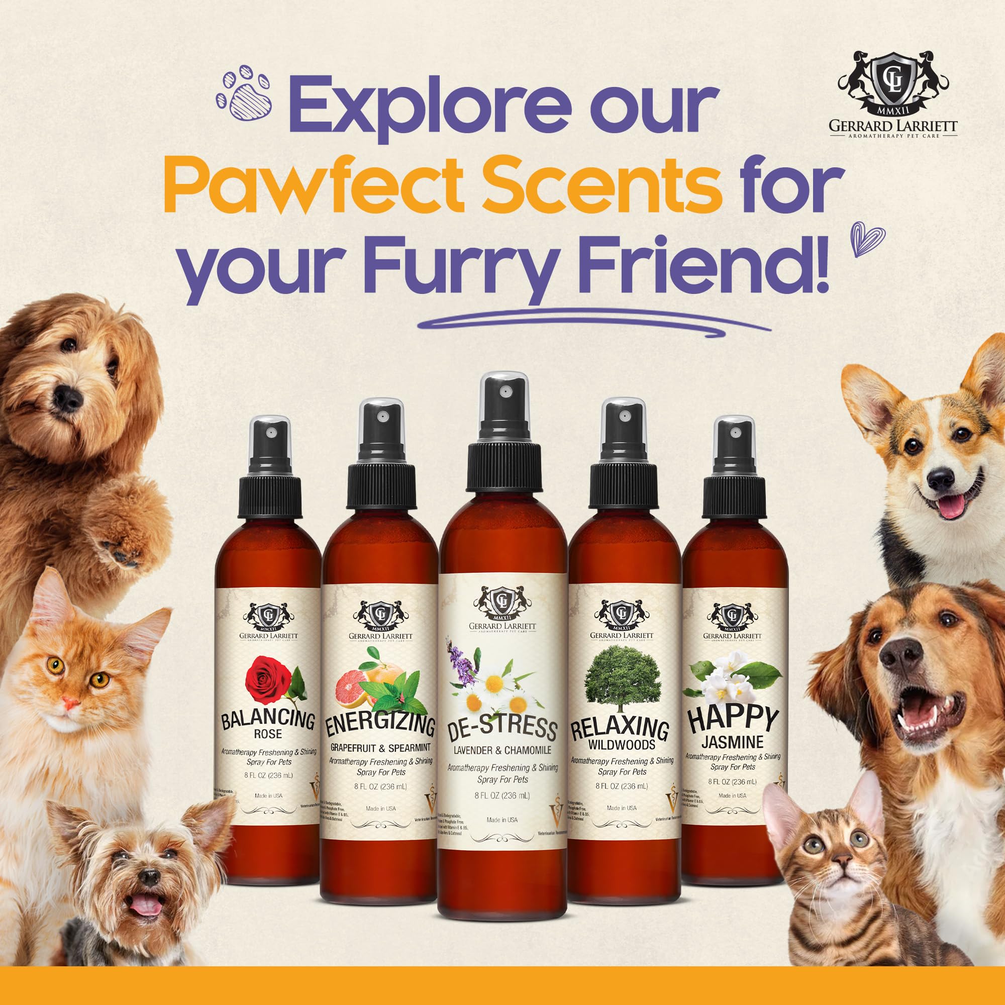 Gerrard Larriett Dog After-Bath Refresh scene showing calming aroma and deodorizing effect