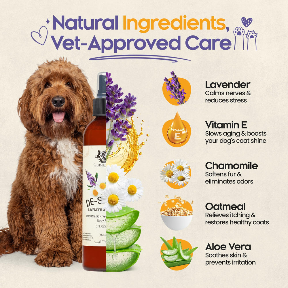 Gerrard Larriett Dog Perfume Spray close-up label highlighting natural ingredients and gentle formula
