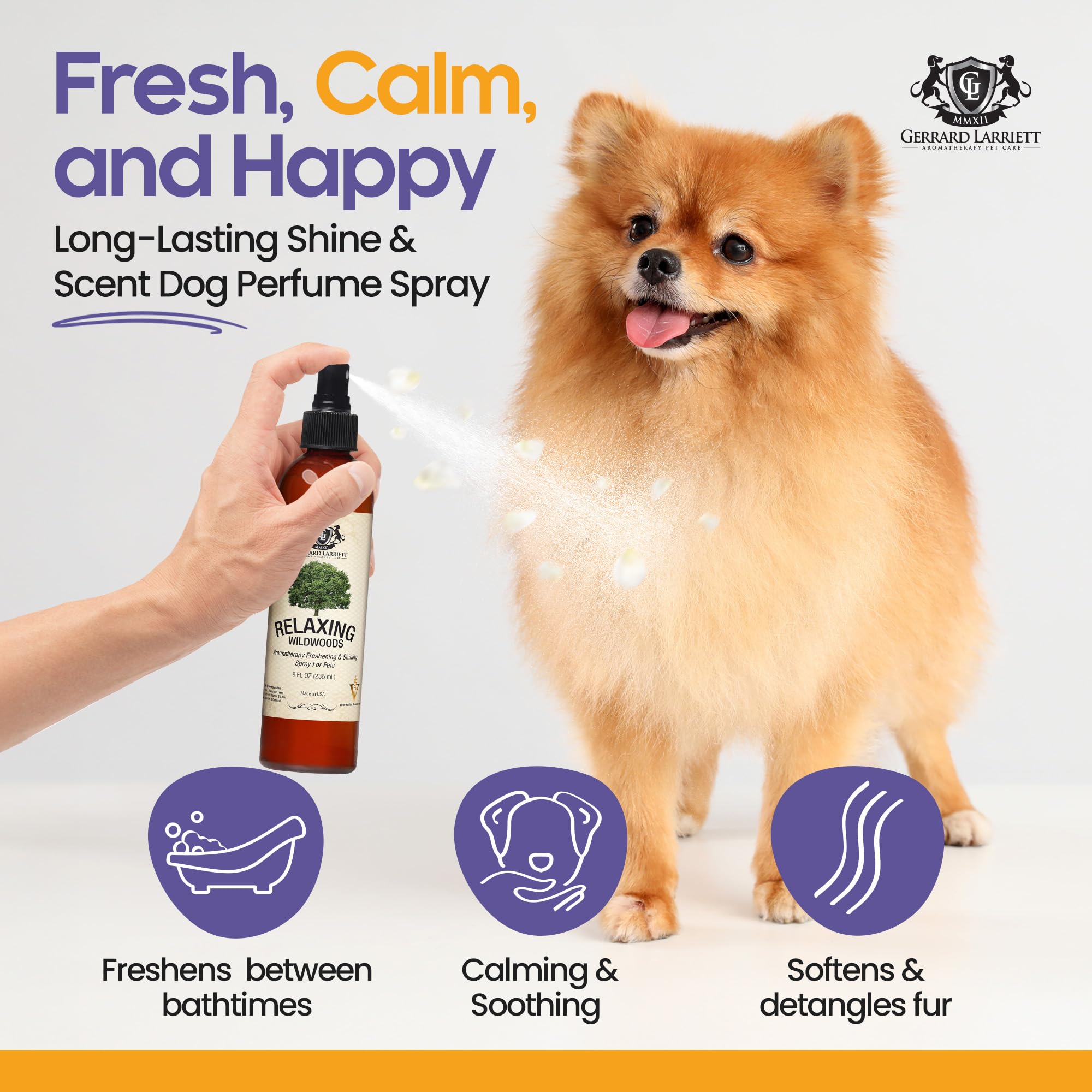 Gerrard Larriett dog perfume Wildwoods applied on fur during grooming for calming aroma