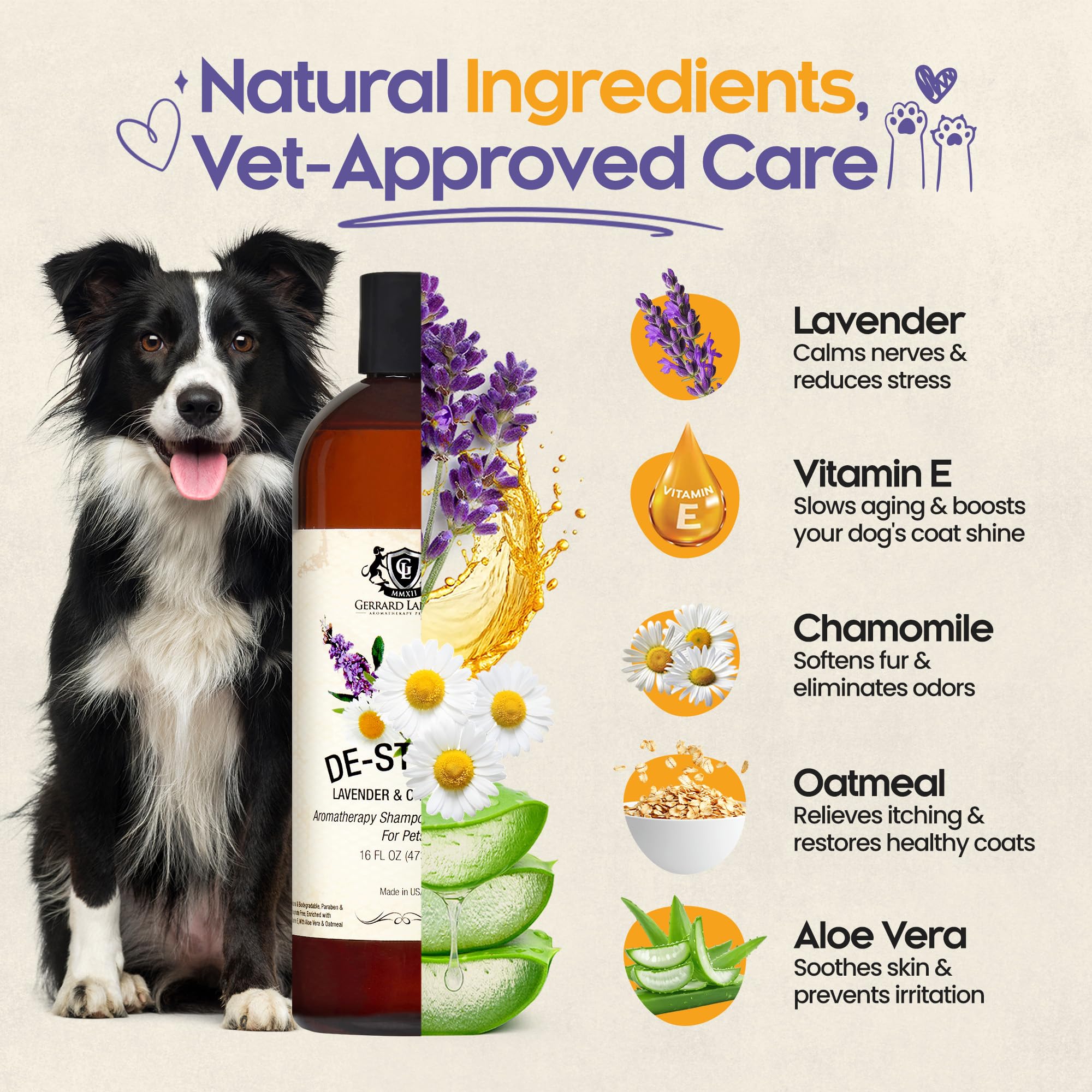 Gerrard Larriett lavender-chamomile shampoo close-up highlights soothing aromatherapy during bath time.