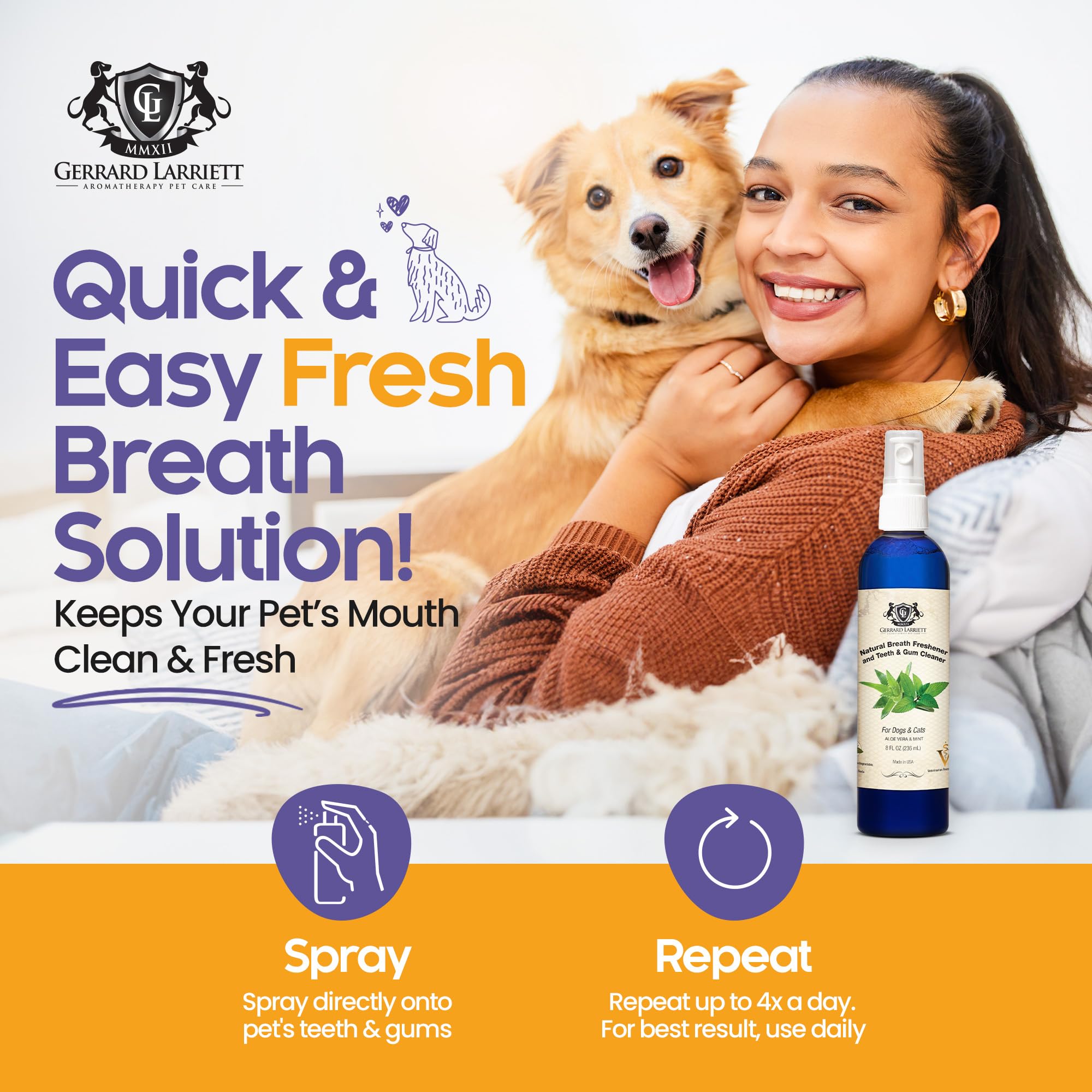 Gerrard Larriett pet breath freshener mint aloe soothing gums.