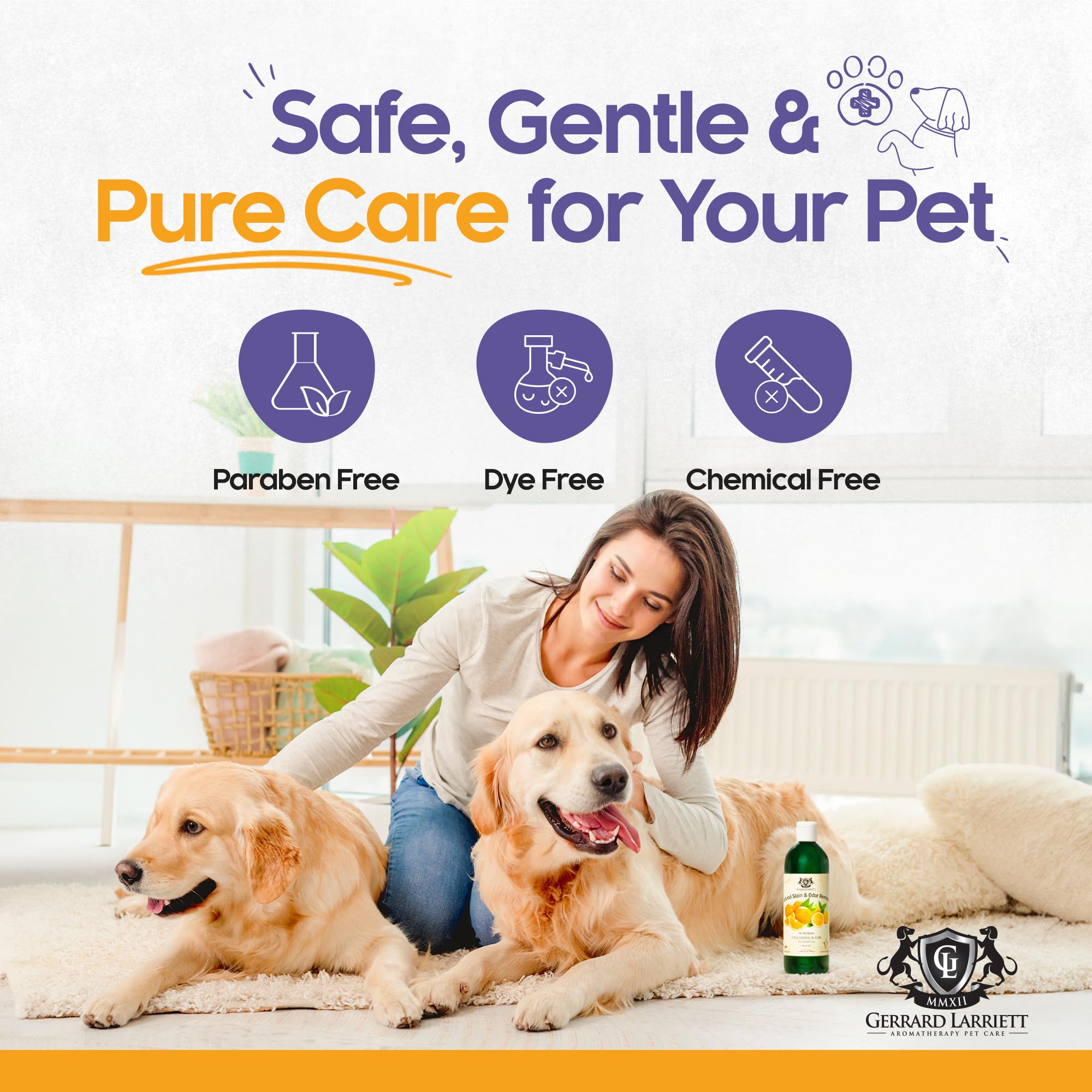 Gerrard Larriett Pet Care carpet stain remover in-use shot emphasizing deep enzymatic cleaning and refreshing citrus