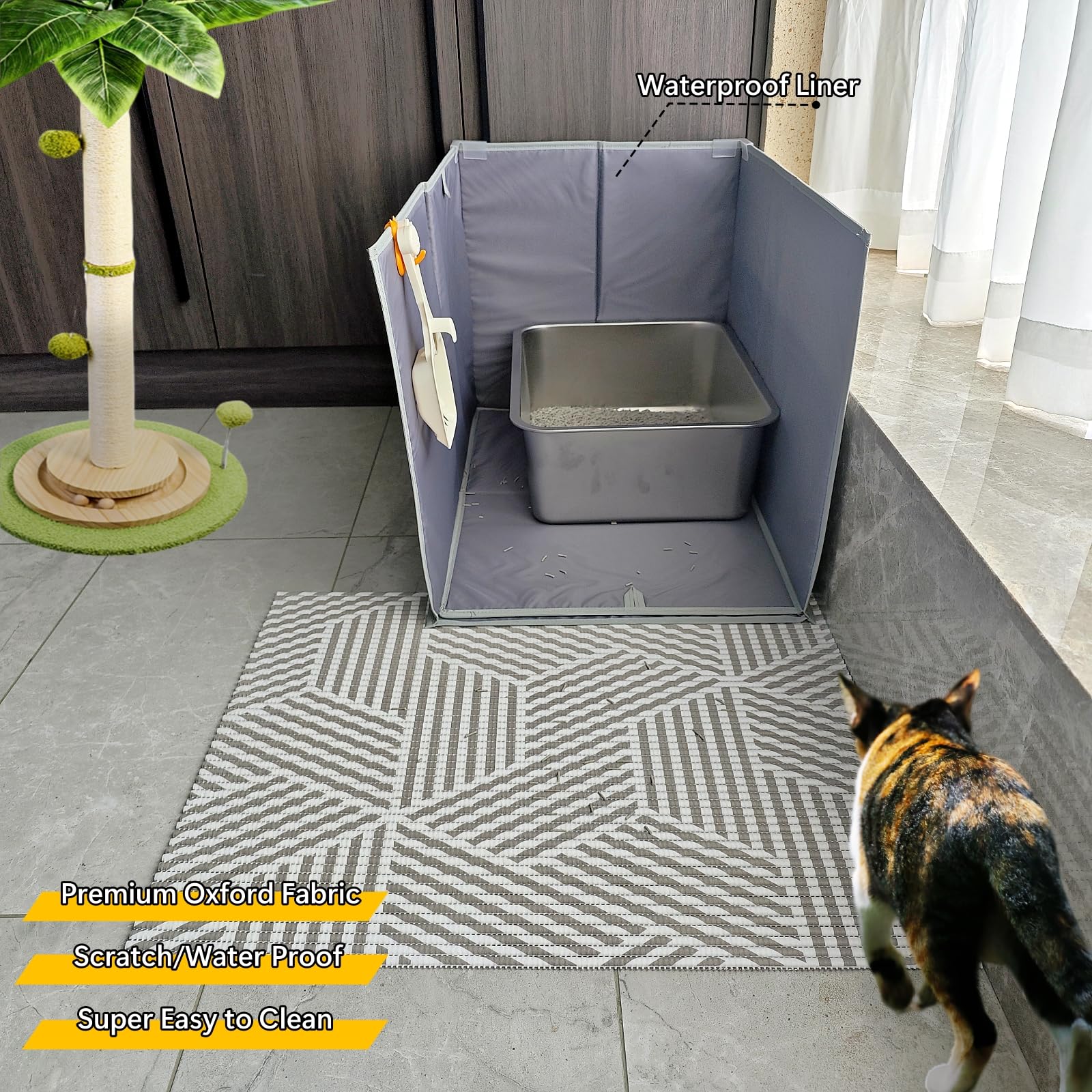 Gesomepurrz waterproof splash guard minimizes mess around the litter area.