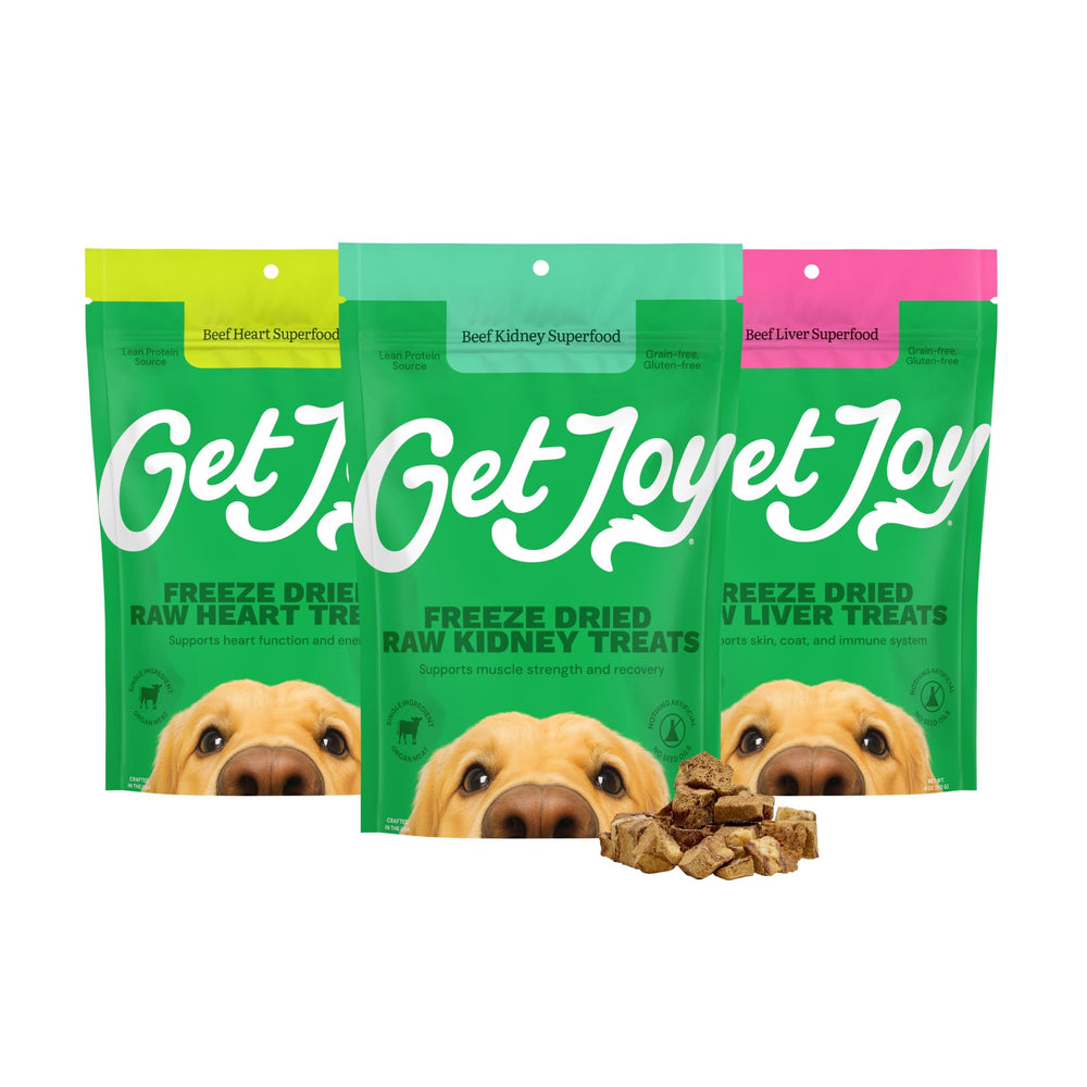 Get Joy freeze-dried beef heart packaging shown for training rewards.