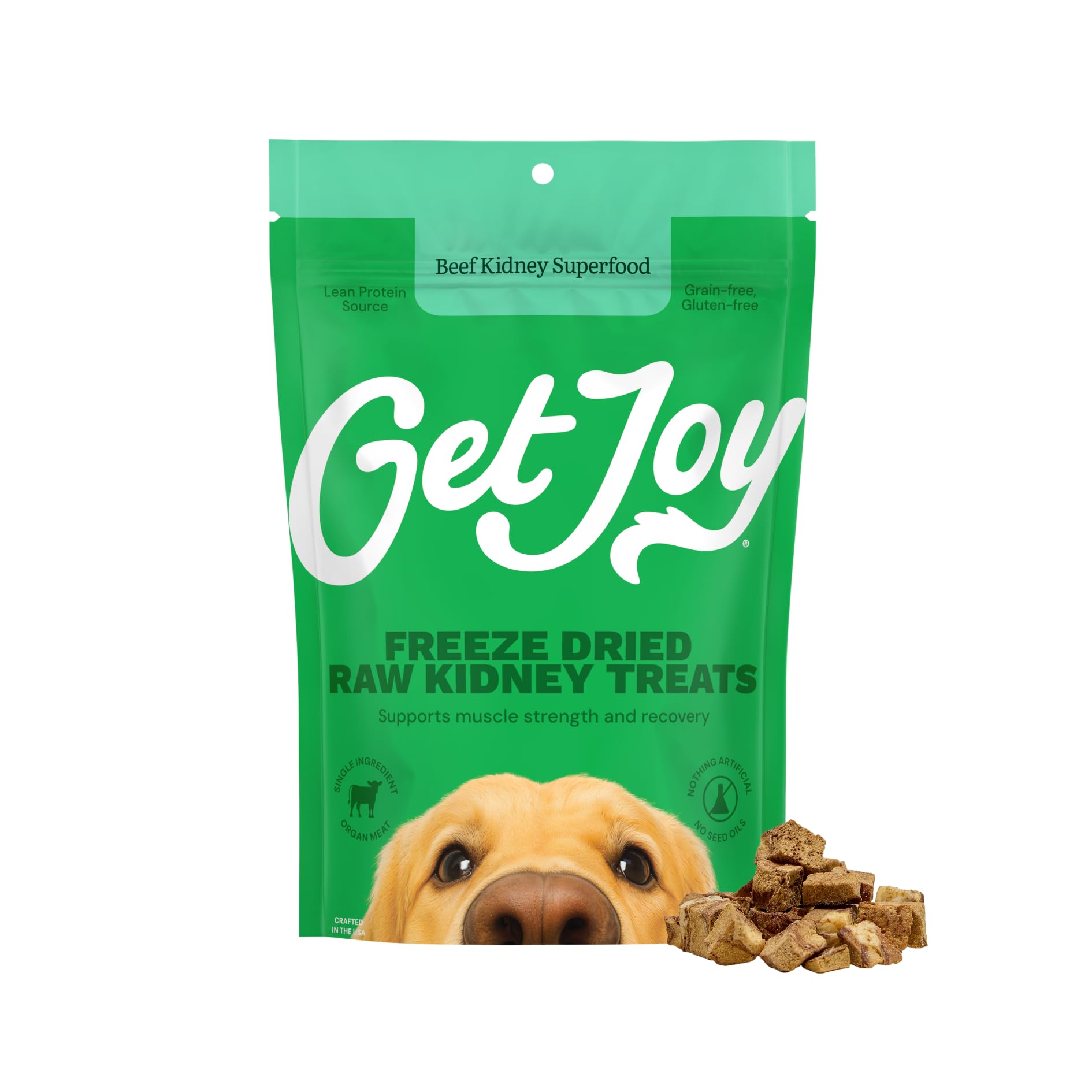 Get Joy freeze-dried beef kidney treats in a 4oz pouch for high-value rewards