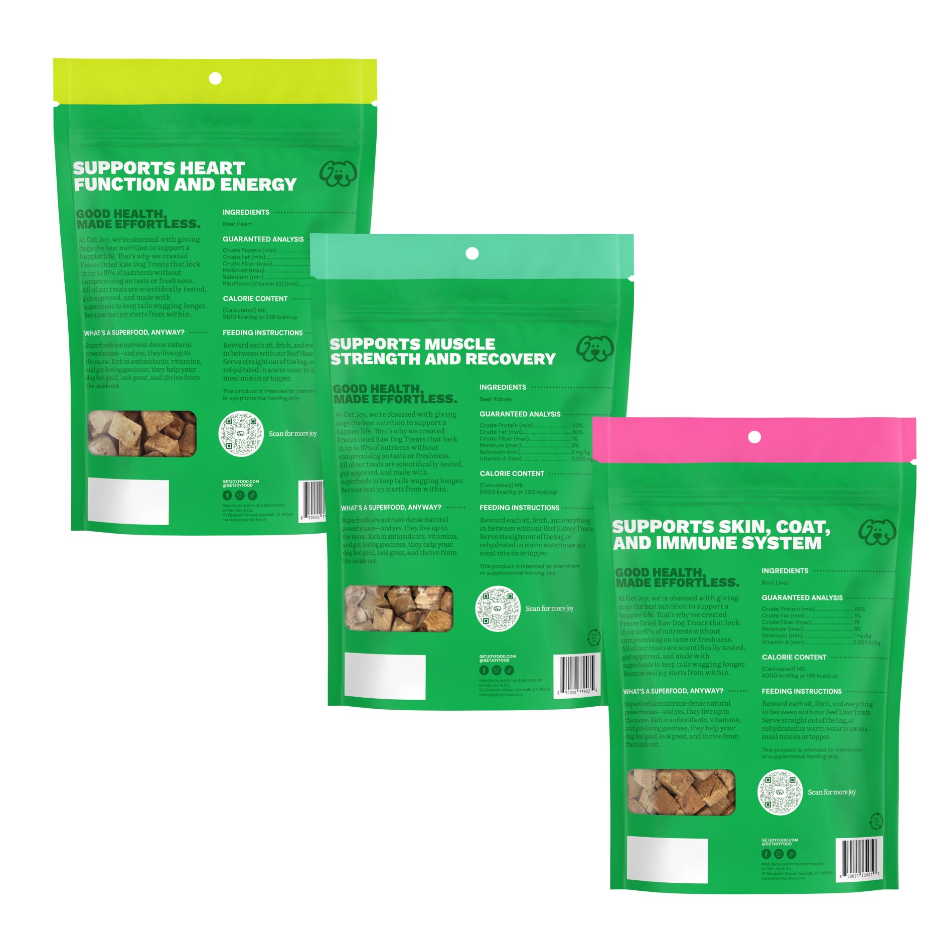 Get Joy beef liver treats shown as crunchy meal toppers.