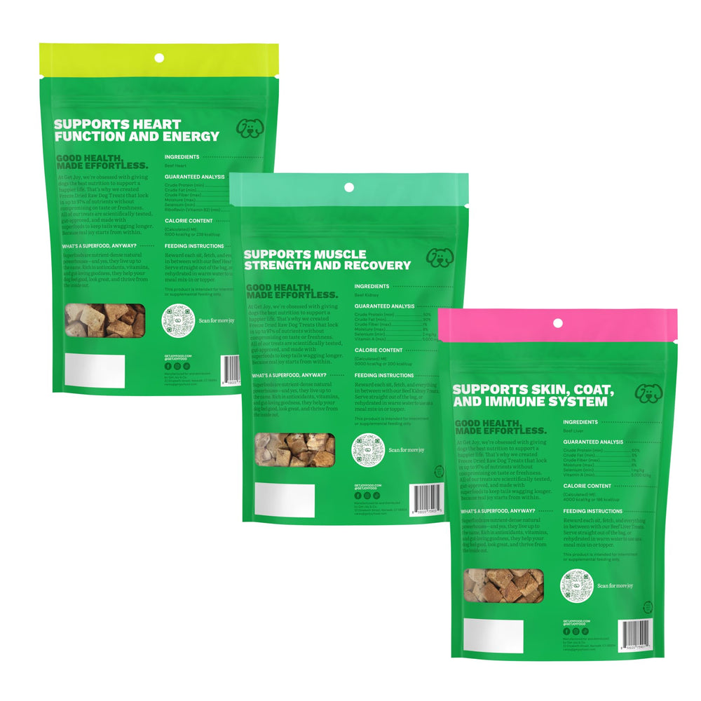Get Joy beef liver treats shown as crunchy meal toppers.