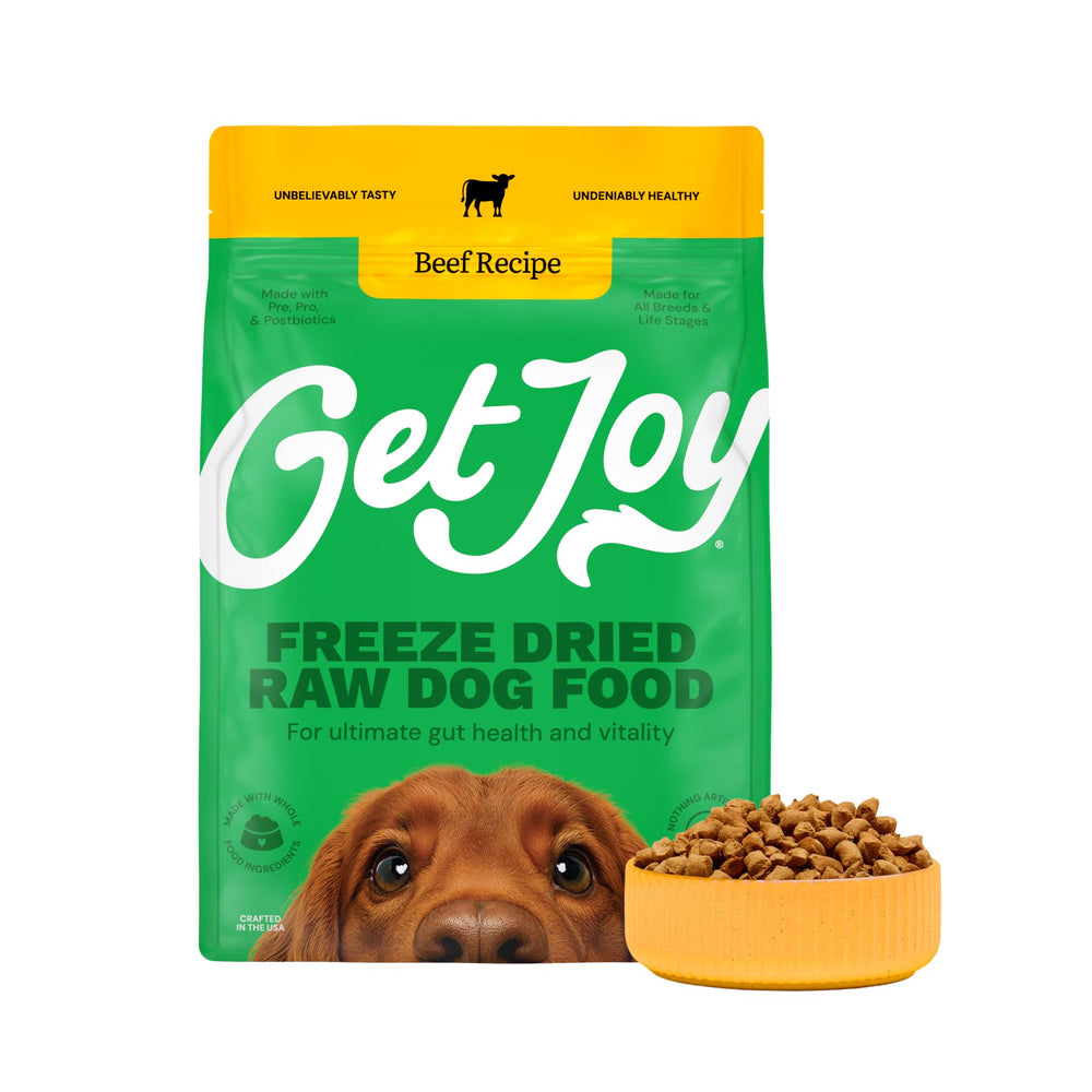 Get Joy Freeze Dried Raw Beef Meal bag closeup showing high-protein beef morsels.