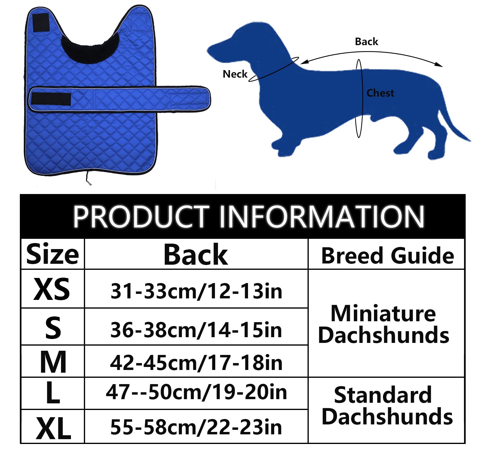 Geyecete blue dachshund coat with lead slot and fold down neck for secure walks.