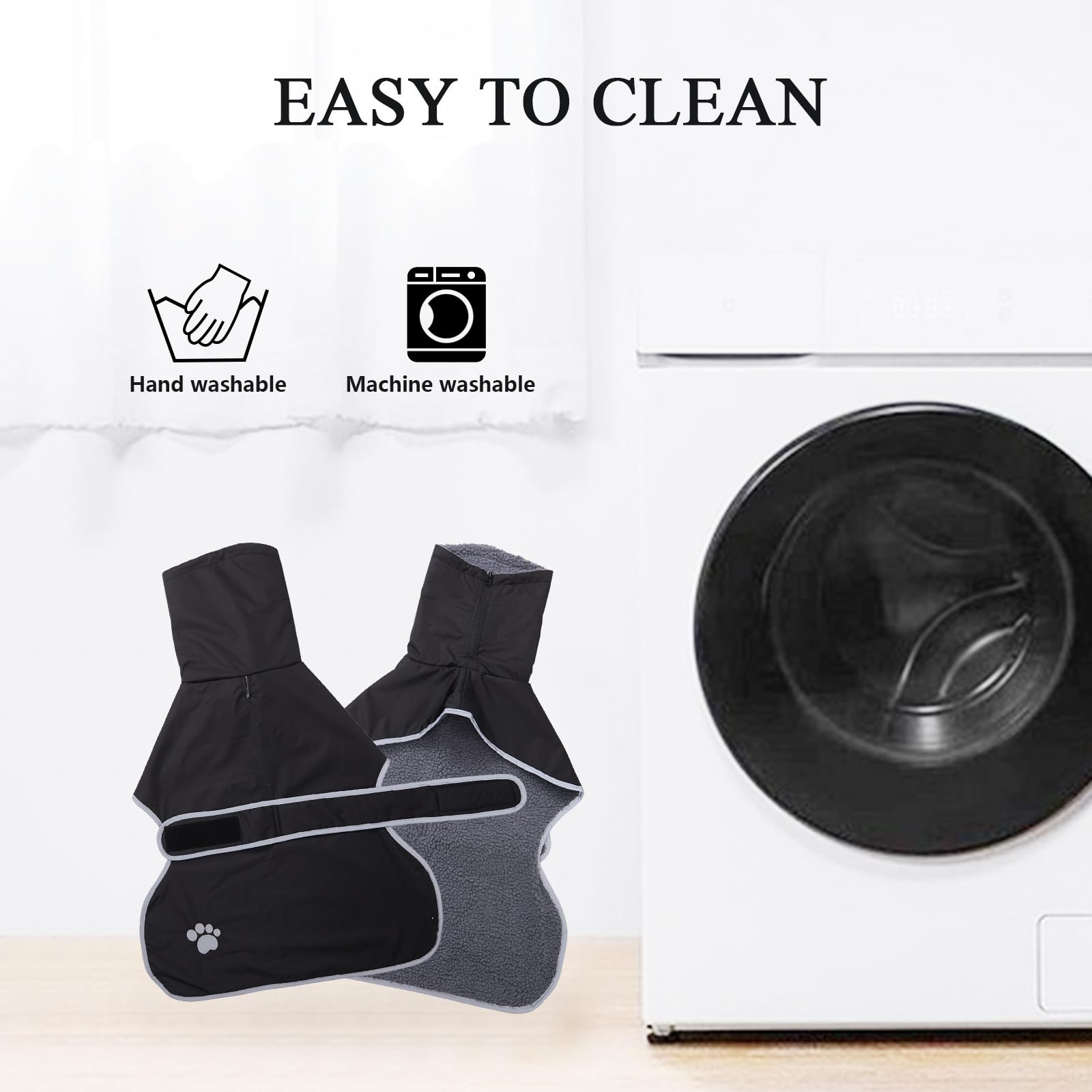 Geyecete dog wash-and-go winter coat features simple care with machine washing and easy storage.