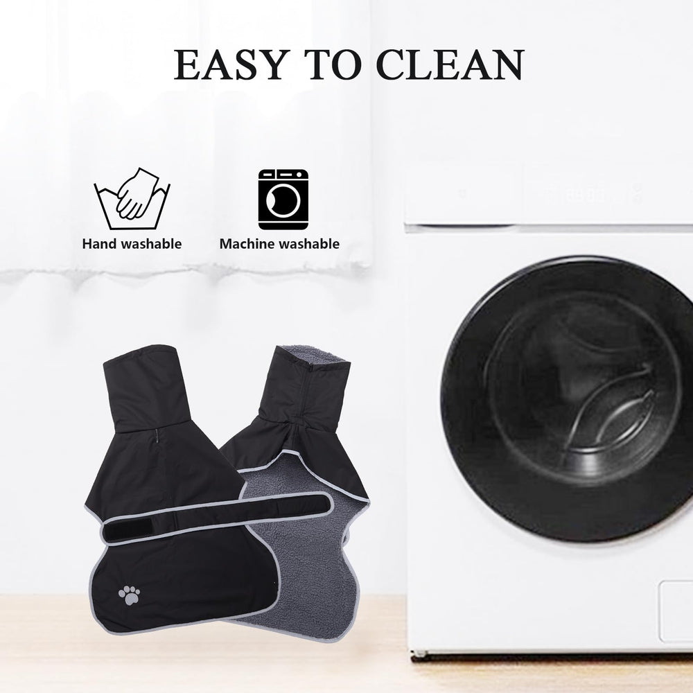 Geyecete dog wash-and-go winter coat features simple care with machine washing and easy storage.