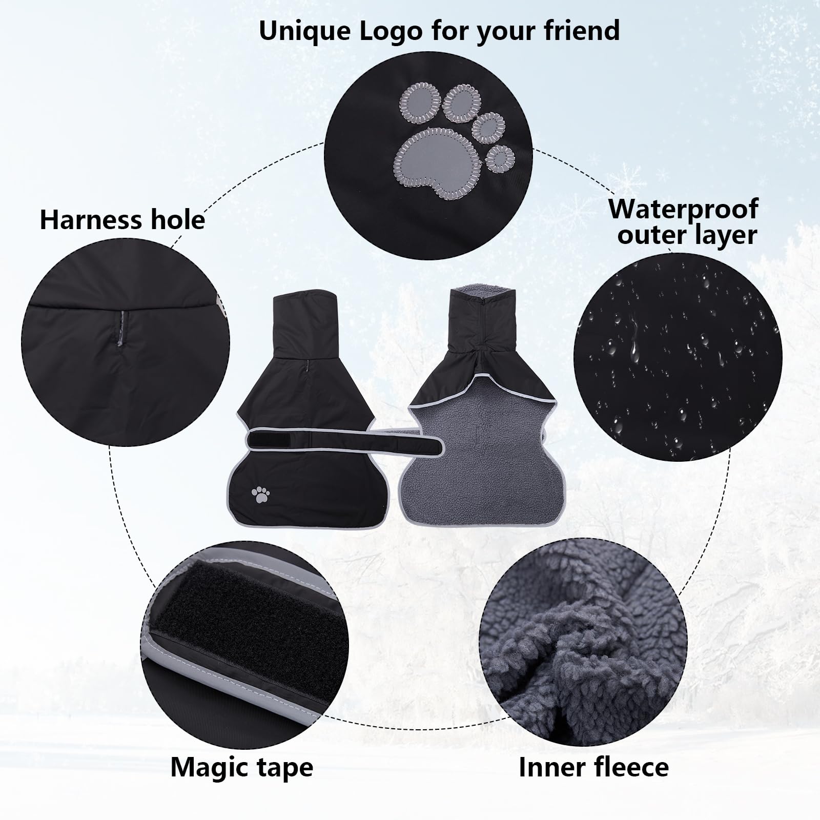 Geyecete greyhound-winter-coat adjustable bands secure a comfortable fit for medium to large dogs.