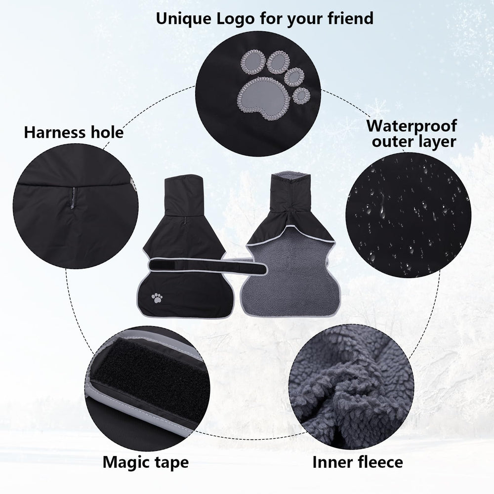 Geyecete greyhound-winter-coat adjustable bands secure a comfortable fit for medium to large dogs.