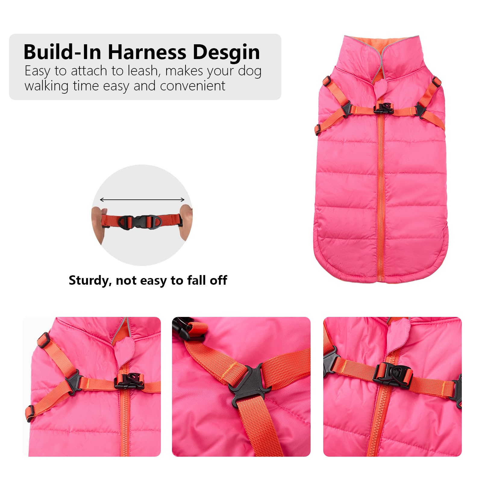 Geyecete winter coat harness view shows integrated harness for easy-control outings
