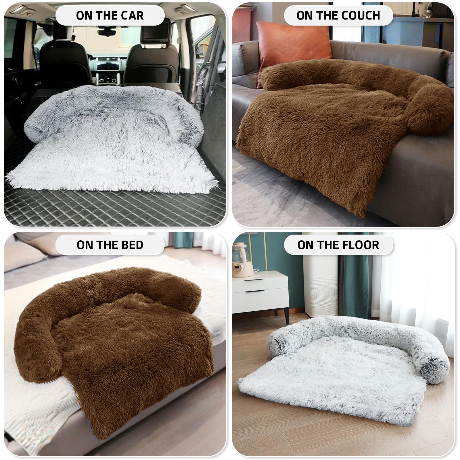 GGIB calming dog bed in car demonstrates travel friendly calming spot for pets.