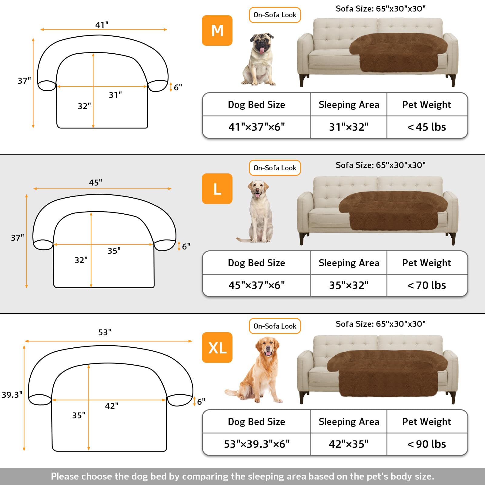 GGIB calming dog bed size guide shows five sizes for small to large pets.