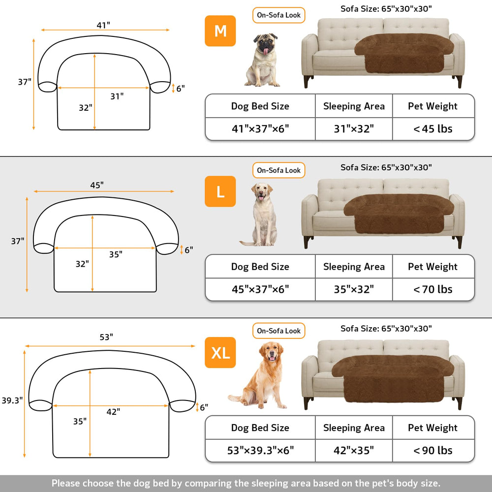 GGIB calming dog bed size guide shows five sizes for small to large pets.