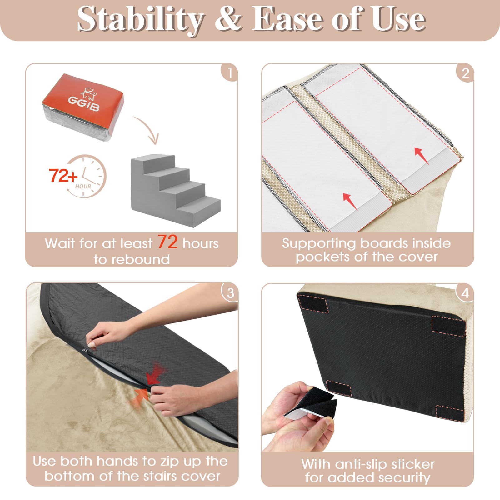 GGIB dog stairs dimensions 30L x 15.5W x 22H beside a couch.