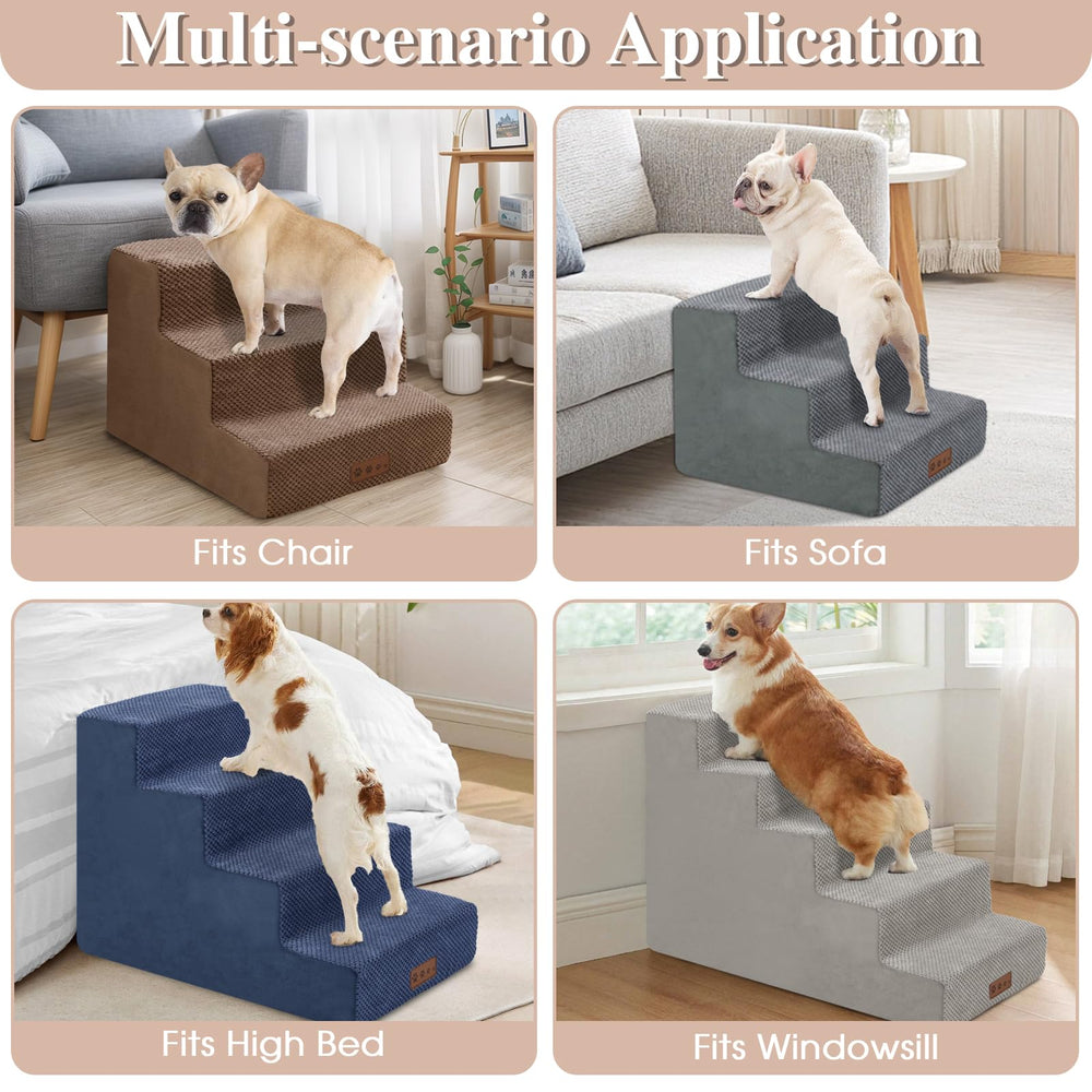 GGIB dog stairs on sofa demonstrate accessible elevation for pets.