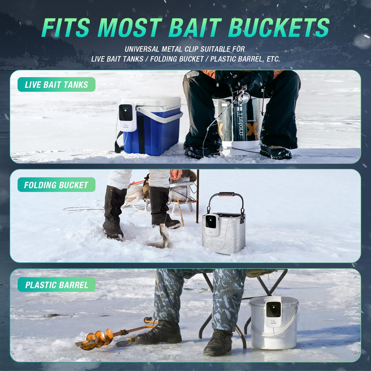 Ghosthorn Silent Dual Aerator universal-clip enables versatile mounting on bait buckets.