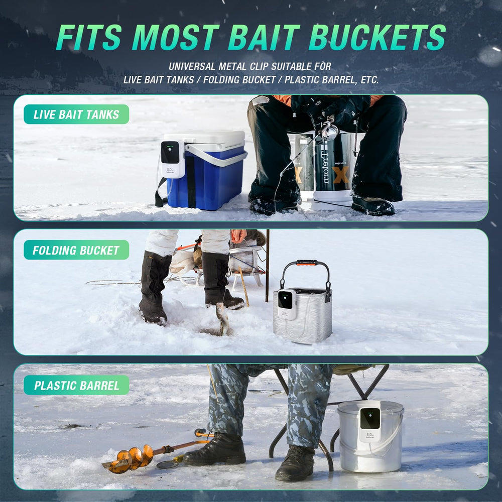 Ghosthorn Silent Dual-Operating-Mode Aerator in bait bucket demonstrates long runtime and steady bubbles.