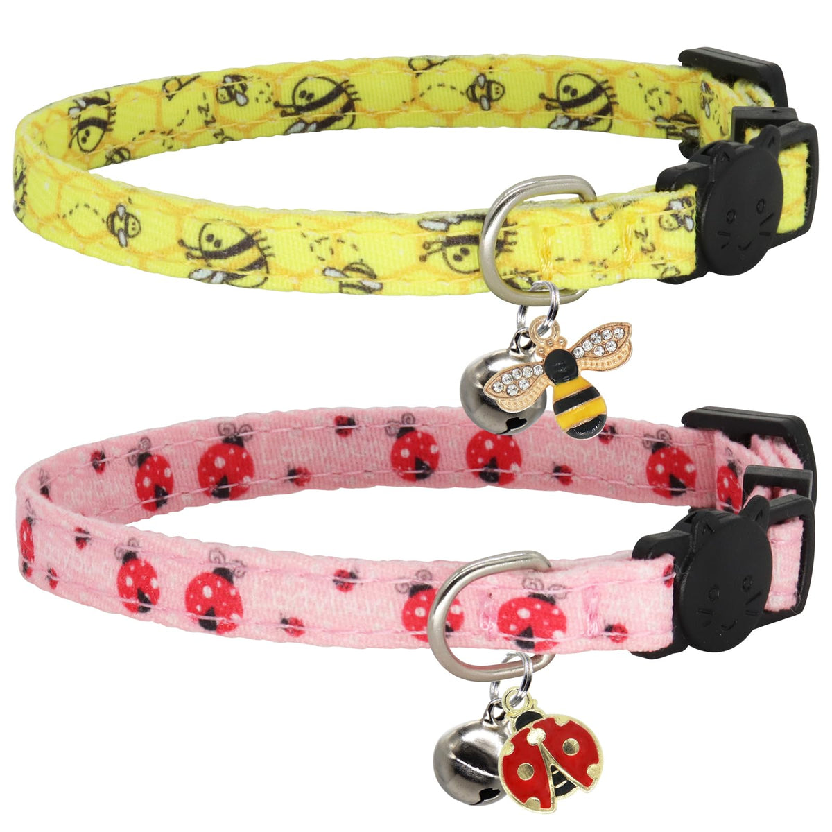 Giecooh cat collar breakaway bee print shown on a cat for safe, playful wear