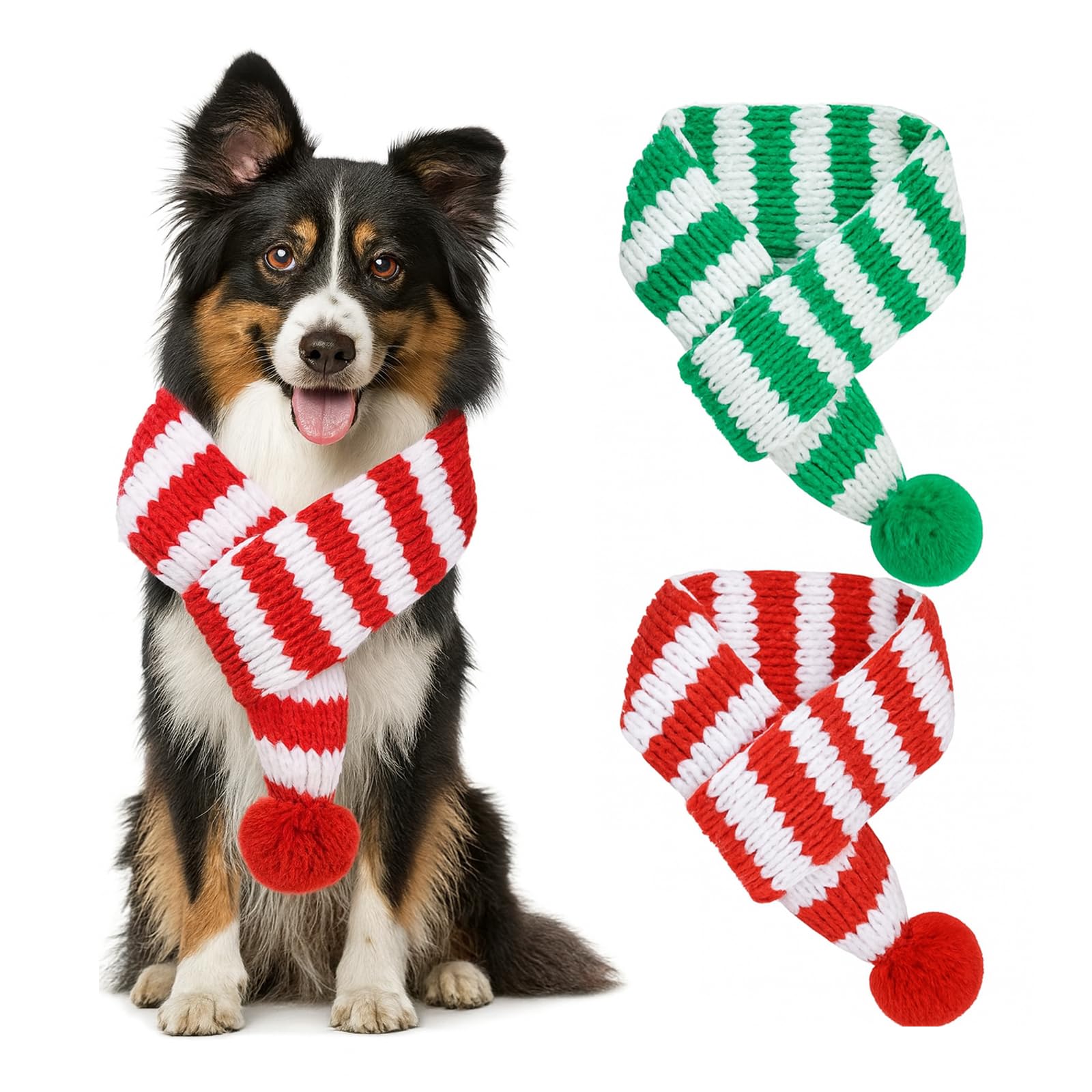 GIFTMISSU dog Christmas knit scarf set with red pom-pom adds festive holiday photos.