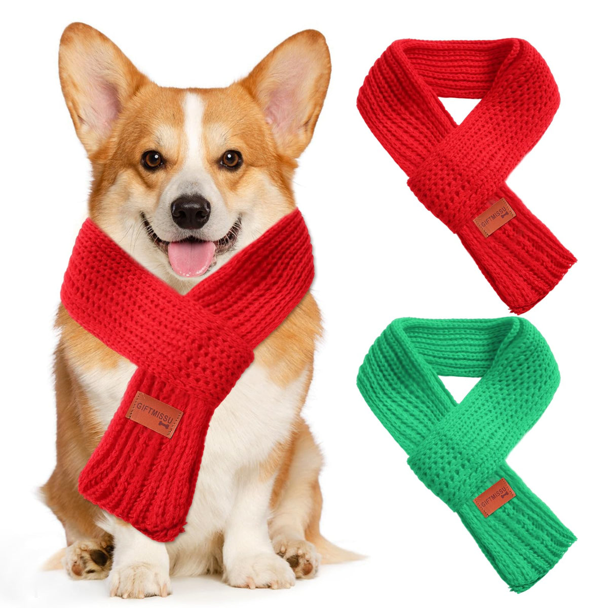 GIFTMISSU dog knit scarf red-green set shown on a small dog for festive warmth.