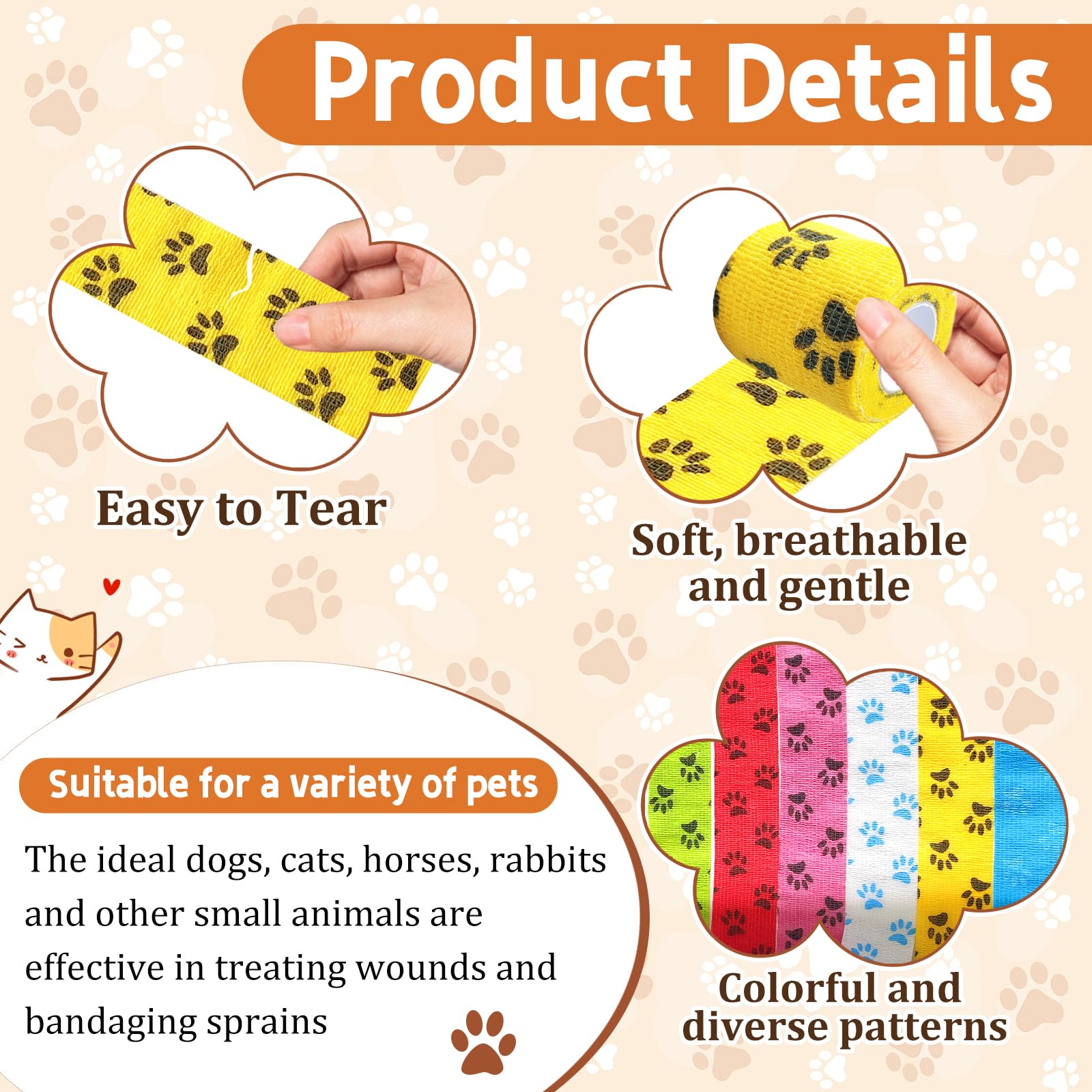 GIFTMISSU Paw Print Vet Wrap yellow roll bright visibility for care tasks