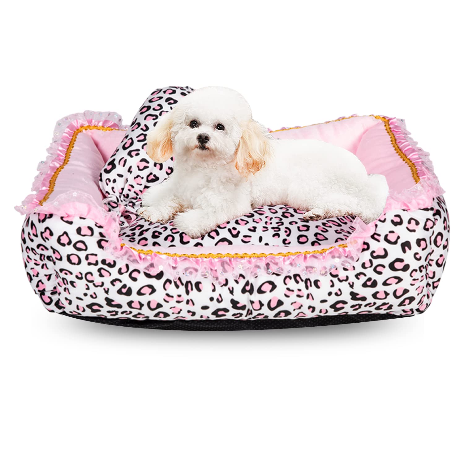 Gigreinc dog bed small pink leopard front view showcasing cozy nap space