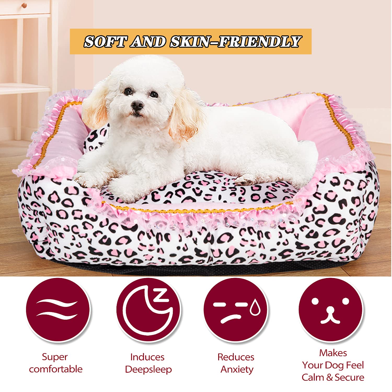 Gigreinc dog bed small pink leopard side view highlighting plush texture
