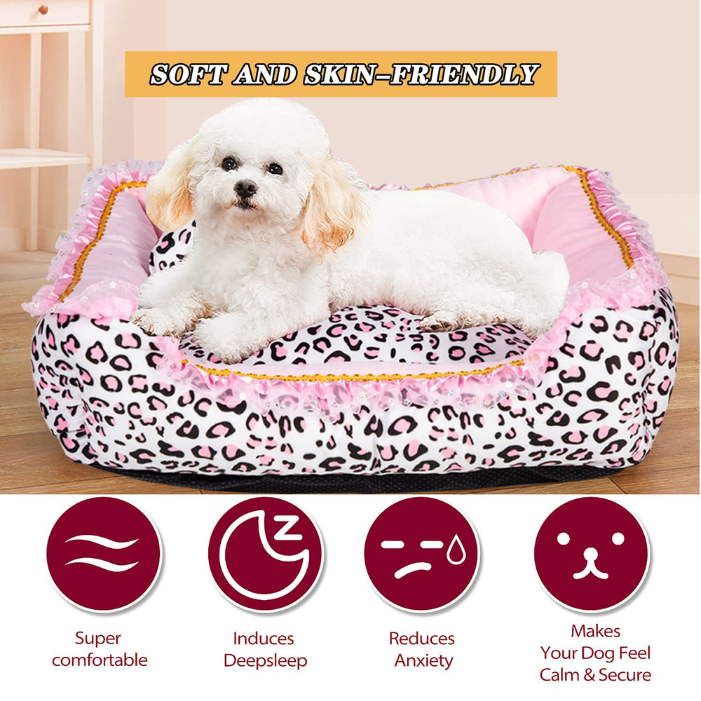 Gigreinc dog bed small pink leopard side view highlighting plush texture