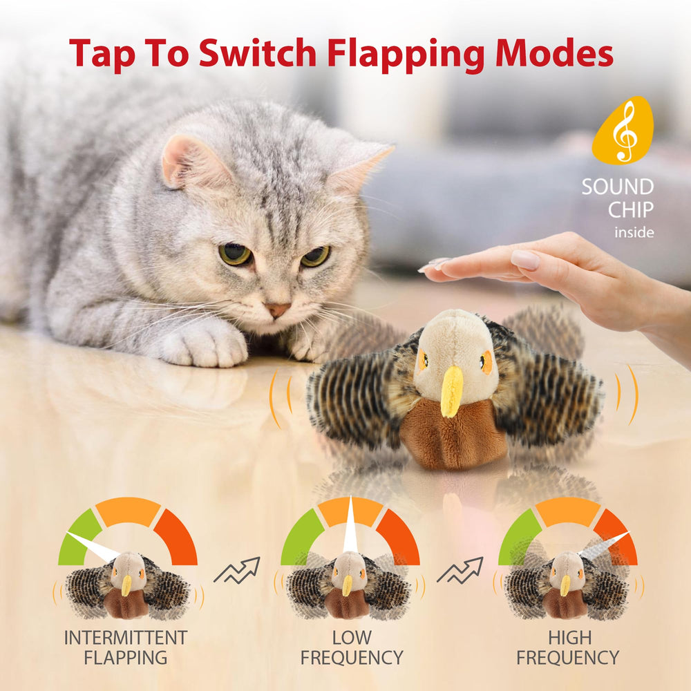 Gigwi flapping bird toy with rope hanger enables ceiling-to-floor chasing.