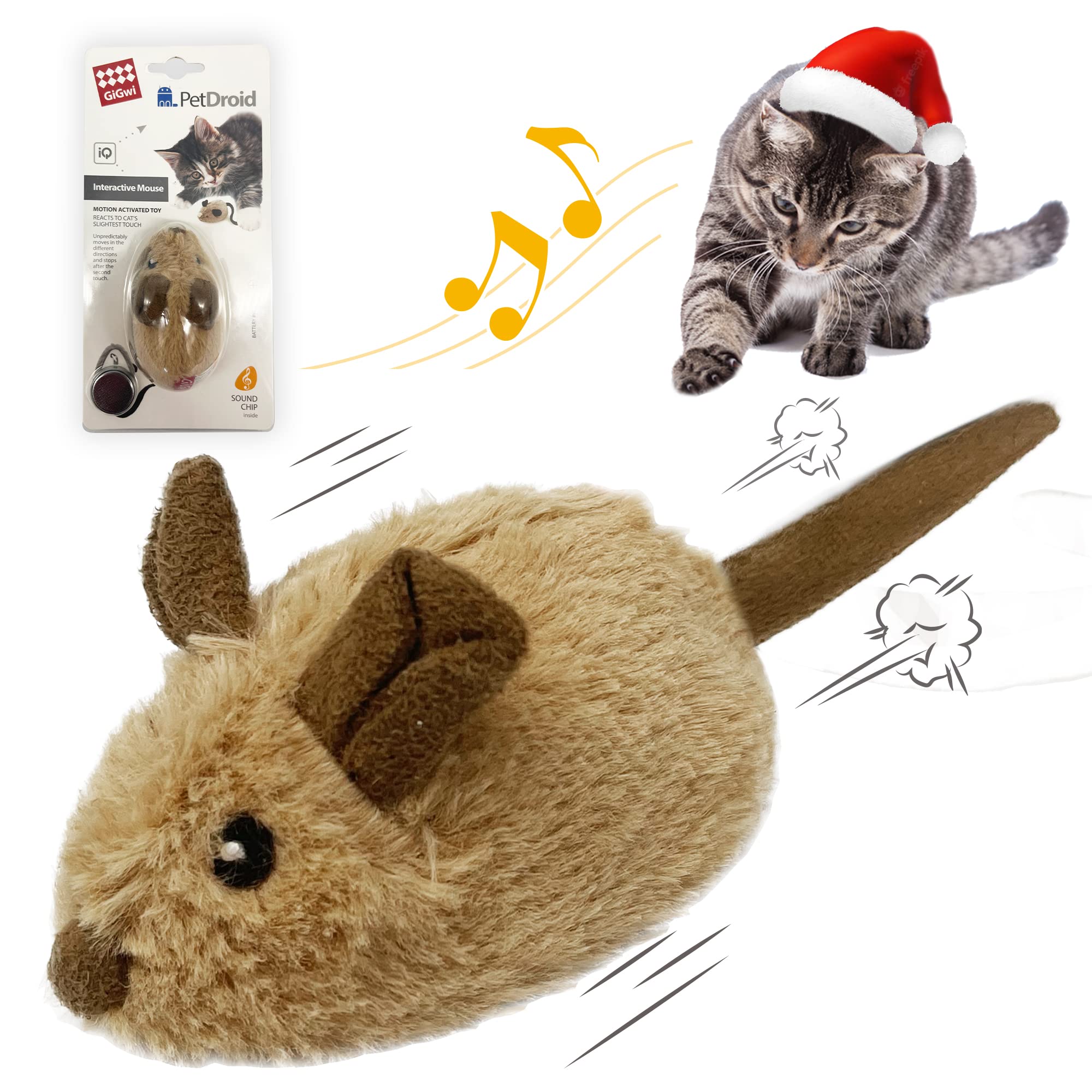 Gigwi interactive cat toy mouse brown ear delivers realistic sounds to boost feline play and exercise