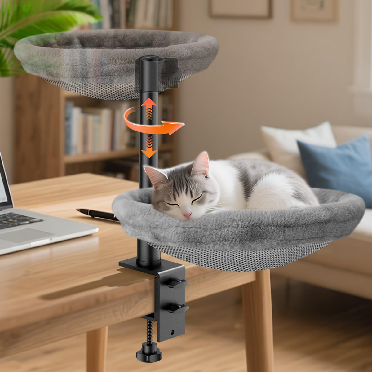 Giisorde Cat Desk Bed on-table attachment showing compact workspace and cat companionship