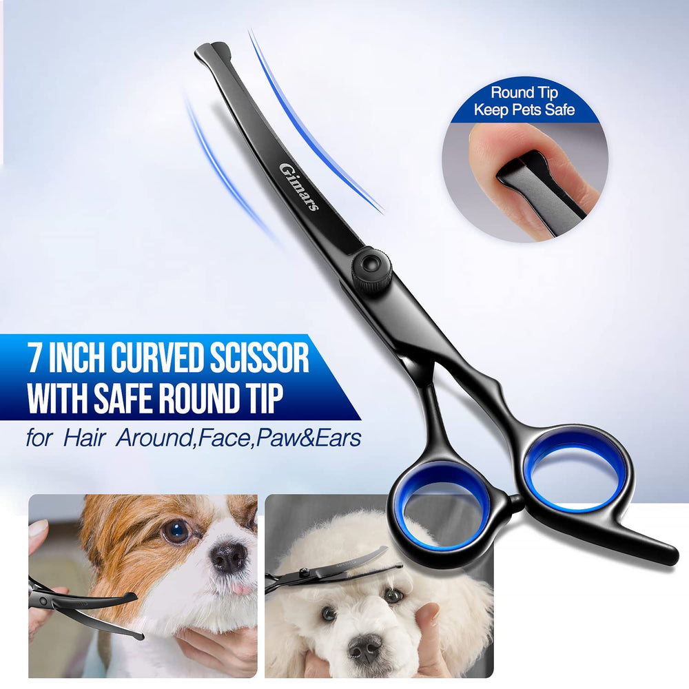 Gimars dog grooming scissors curved blade for shaping and detail work.