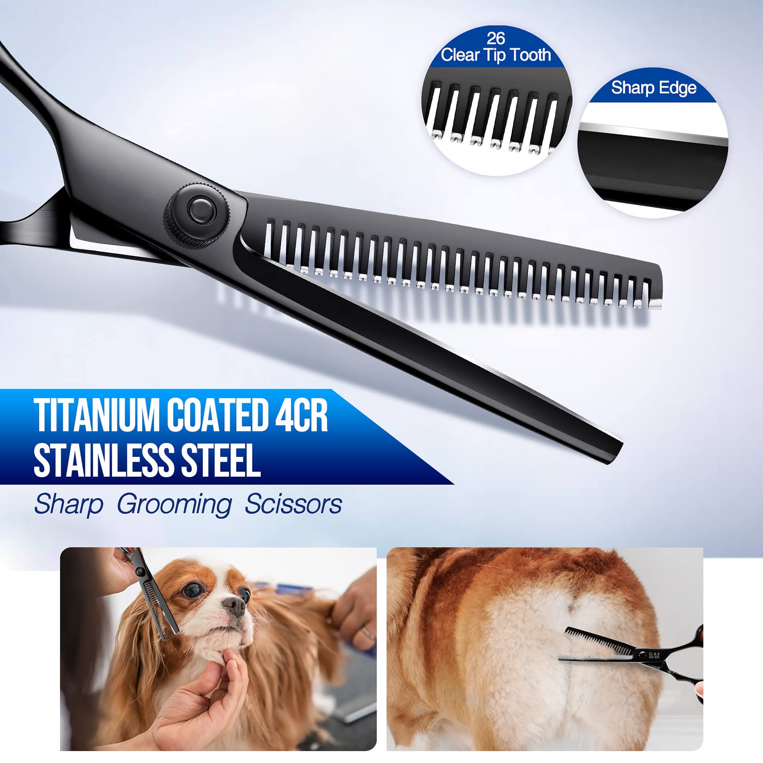 Gimars dog grooming scissors thinning blade for even texture and volume control.