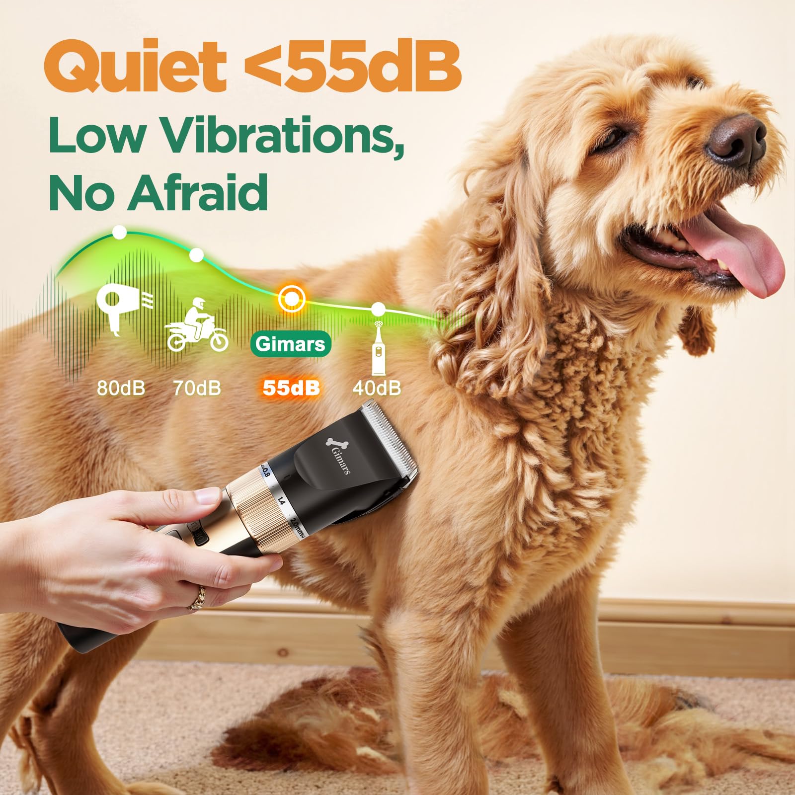 Gimars low-noise 55db in-use view highlighting calm grooming sessions.