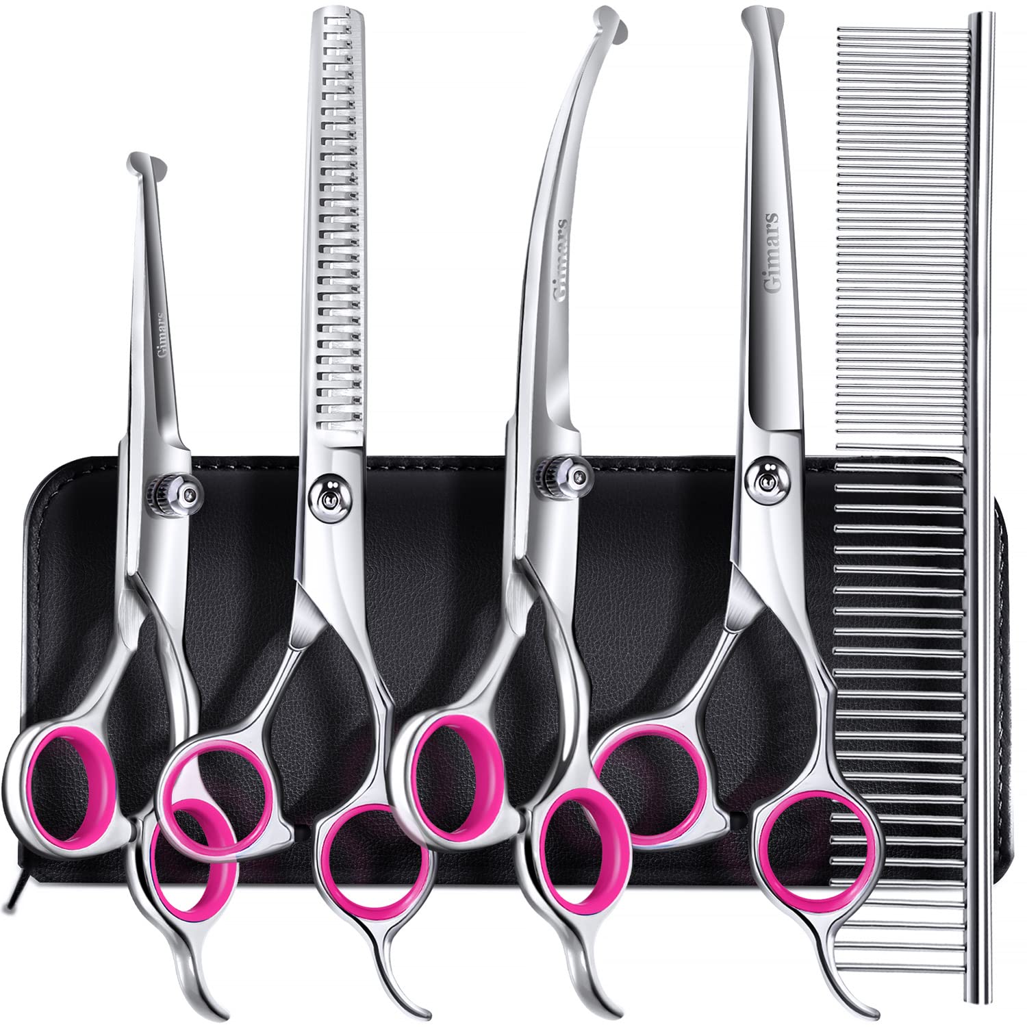 Gimars professional 4CR dog grooming scissors closeup highlights rust-resistant steel and long-lasting sharpness