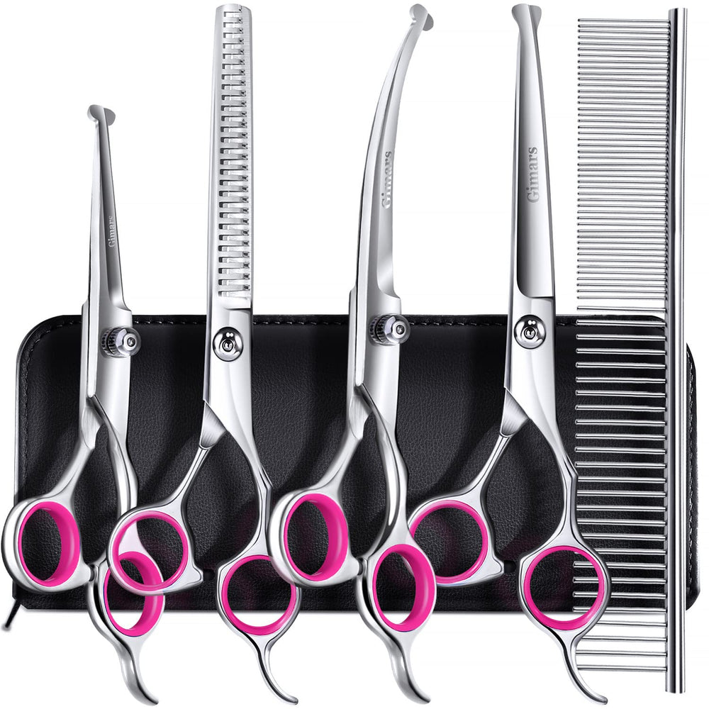Gimars professional 4CR dog grooming scissors closeup highlights rust-resistant steel and long-lasting sharpness
