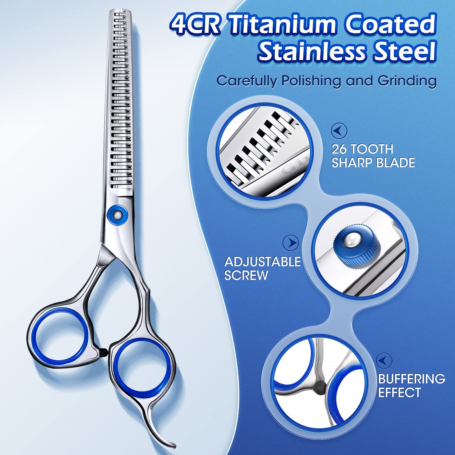 Gimars curved blade scissors for safe contouring around ears and eyes.