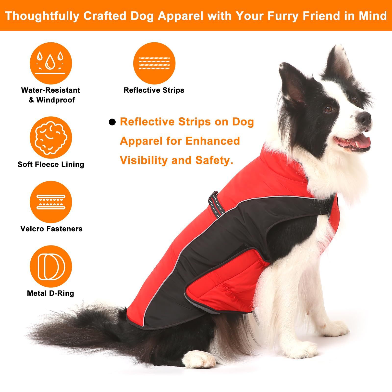 Gimilife warm dog winter coat back view highlights reflective safety strips for visibility at night.