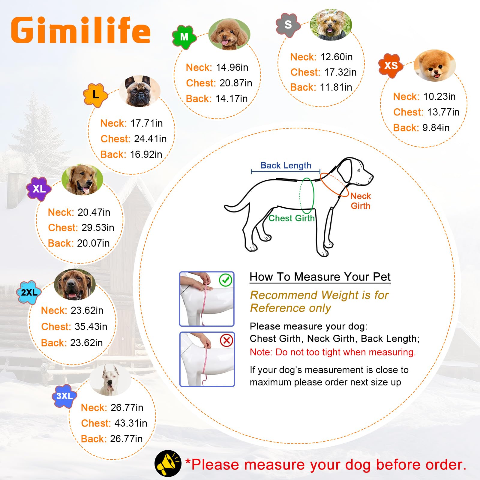 Gimilife Warm Dog Winter Coat size range from 2XS to XXXL